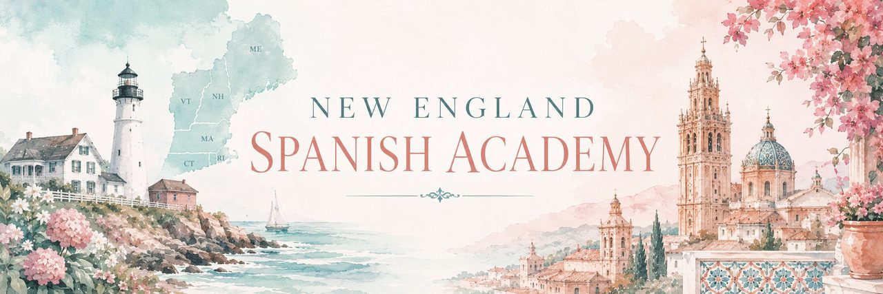Watercolor illustration bridging the New England coastline and Spanish architecture